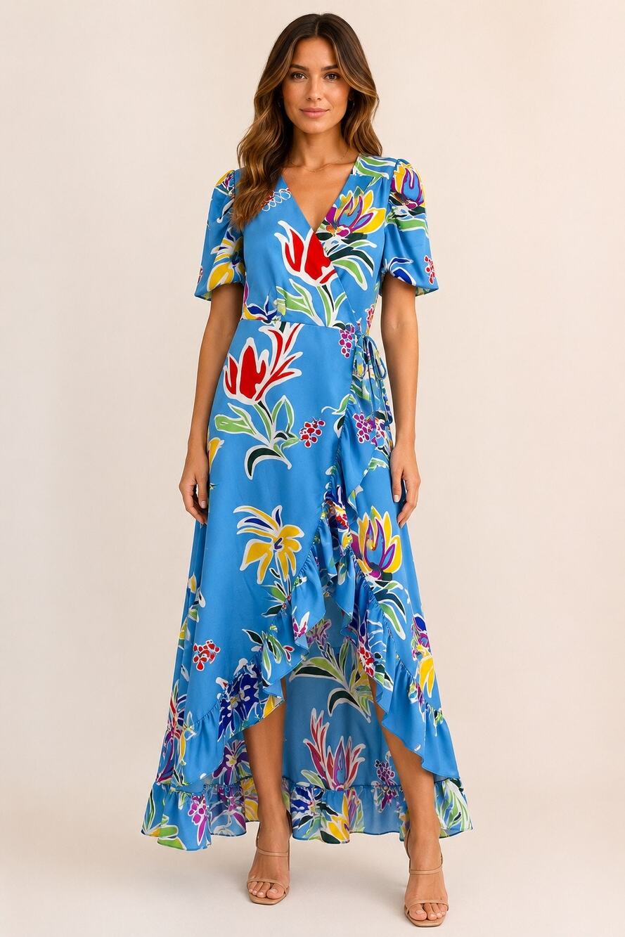 NWT Sugarlips Tropical Floral Wrap Maxi Dress Blue Puff Sleeve Ruffle Hem XS/S